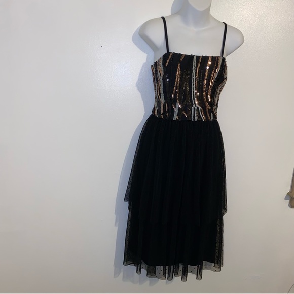 DRESS THE POPULATION Block Print Tiered Dress Black MultiColor Sequin Size XS - Picture 11 of 15